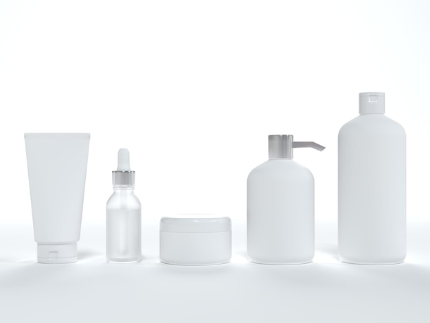 Cosmetische crème tube pot met deksel vloeibare zeep en shampoo serum fles 3D render op witte achtergrond