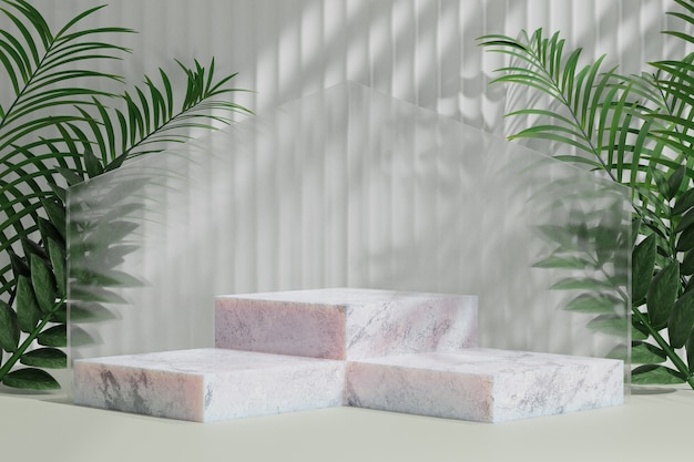 Cosmetische display productstandaard, stap marmeren podium met natuurpalmblad op lichte achtergrond. 3D-rendering illustratie
