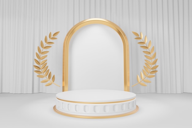 Cosmetische displayproductstandaard, goudwit rond cilinderpodium met goud olijfblad en gouden boogframe op witte gordijnachtergrond. 3D-rendering illustratie