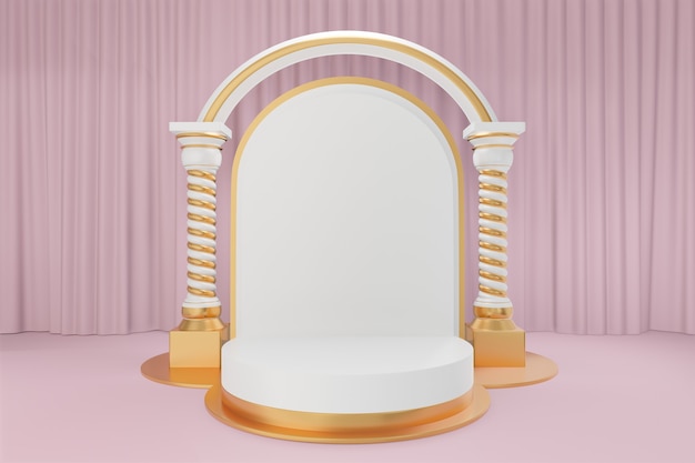Cosmetische displayproductstandaard, goudwit rond cilinderpodium met witgouden boog Griekse kolommen en gouden ballonnen op roze gordijnachtergrond. 3D-rendering illustratie