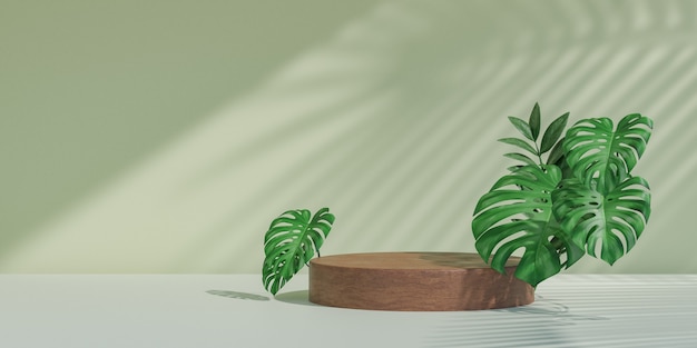 Cosmetische displayproductstandaard, houten cirkelcilinderpodium met groene bladachtergrond. 3d-rendering illustratie