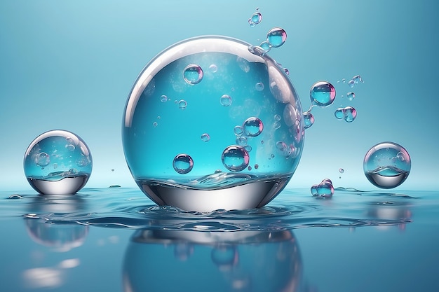 Cosmetische Essentie Vloeibare bubbels Molecule in vloeibare bubbletjes op water achtergrond 3D-weergave