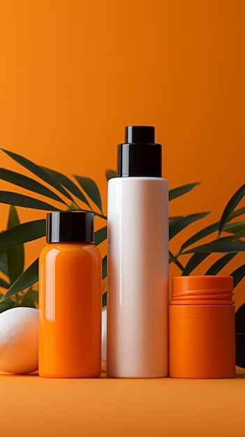 Foto cosmetische flessen op een oranje achtergrond creëren een tekstvriendelijk advertentiecanvas voor promotie vertical mobile