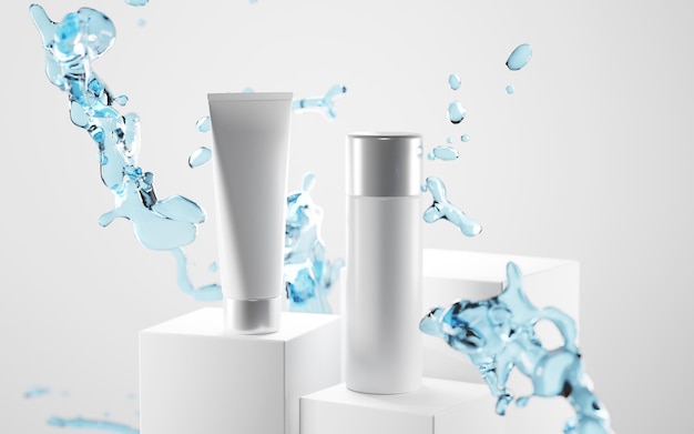 Cosmetische flessen op podium in splash blauw water mock up banner Huidverzorging schoonheid cosmetica tonic of lotion tube crème Witte lege verpakking product advertentie presentatie Realistische 3d illustratie