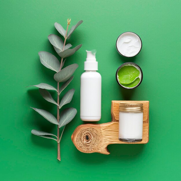Cosmetische huidverzorgingsproducten met eucalyptus en hout op groene achtergrond
