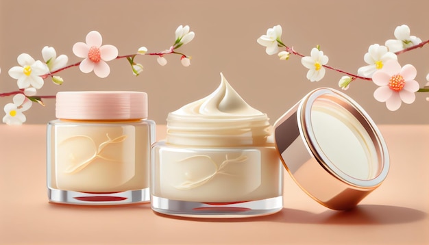 Cosmetische natuurlijke crème in potten op pastelbeige achtergrond met bloemen Al gegenereerd