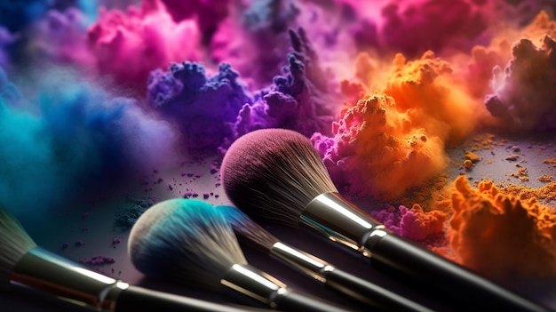 cosmetische penselen en explosie kleurrijk poeder AI generatief