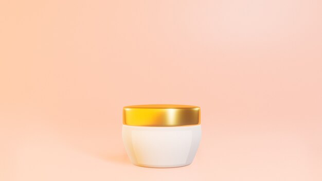 Cosmetische potten met gouden inzetstukken op een pastel roze achtergrond, banner, mockup. Hoge kwaliteit foto