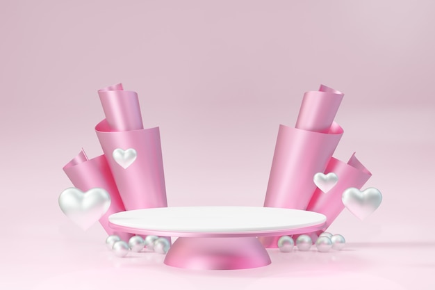 Cosmetische productstandaard, roze wit rond cilinderpodium met hart en roze roldecoratie op roze achtergrond. 3D-rendering illustratie.