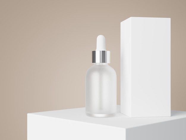 Cosmetische serum druppelflesje en doos 3D render verzorgingsproduct verpakking
