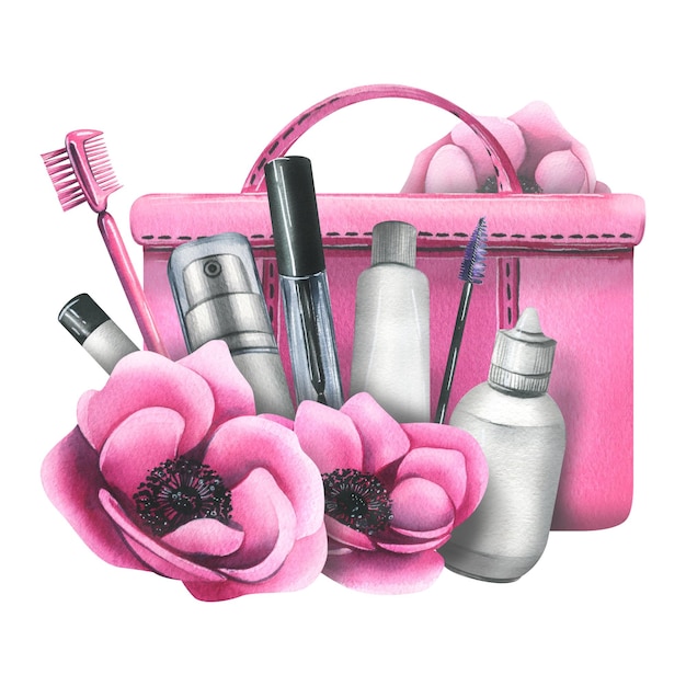 Cosmetische tas met crèmes, borstels en make-upproducten roze met bloemen Aquarel illustratie handgetekende Geïsoleerde samenstelling op een witte achtergrond voor een schoonheidssalon cosmetica fabrikanten