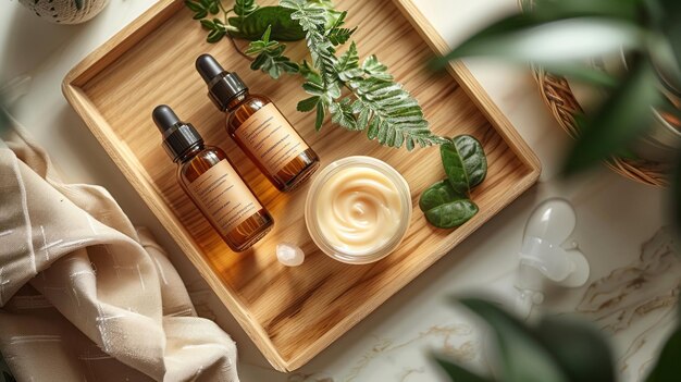 Cosmetische verpakking Set van verschillende cosmetische flessen crème of serum op een bamboesbak met groene ruskus takken Blanke verpakking Natuurlijke schoonheid spa productconcept BeautyMockup