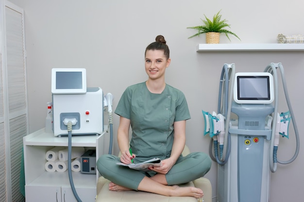 Cosmetologist is standing at laser hair removal machine with folder