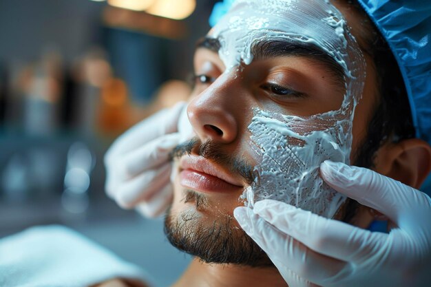 Photo cosmetologist puts a cosmetic mask on a mans face at the spa