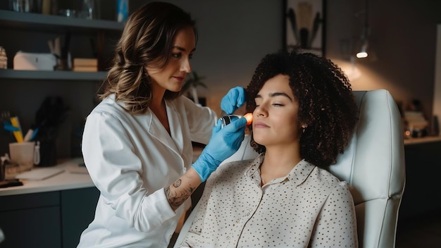 Photo the cosmetologist removes the patients tattoo with a neodymium laser