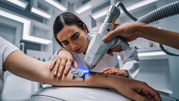 Photo the cosmetologist removes the patients tattoo with a neodymium laser