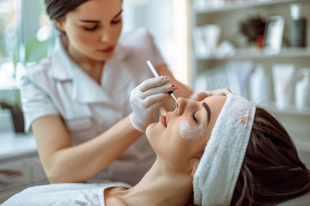 Cosmetologist working with beautiful young woman in a salon