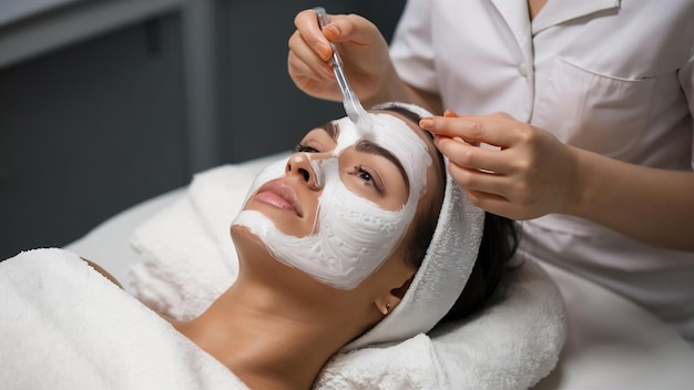 Cosmetoloog die een masker aanbrengt op het gezicht van een cliënt in een schoonheidssalon