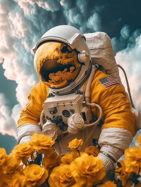 AIによって生成されたゼロ重力で花を持つ宇宙冒険の宇宙飛行士