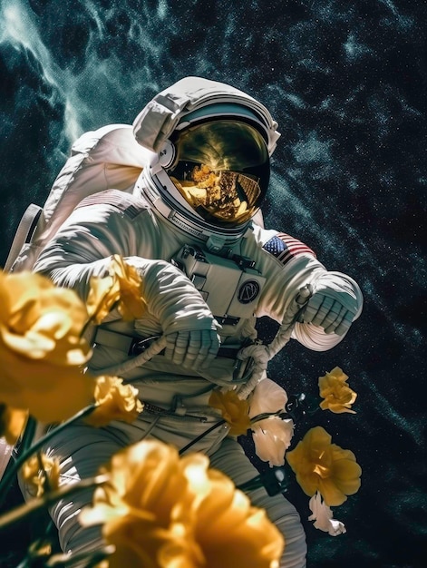 인공지능에 의해 생성된 무중력 상태에서 꽃을 가진 우주 모험 우주 비행사
