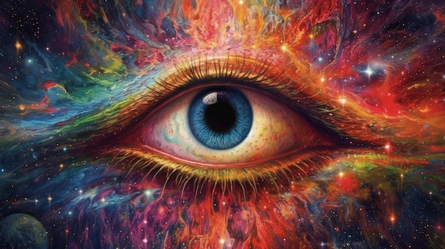 宇宙を見つめる神の目がフレームを覗き込む