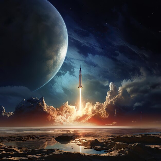 Photo cosmic ascent a rocket launch on a distant planet