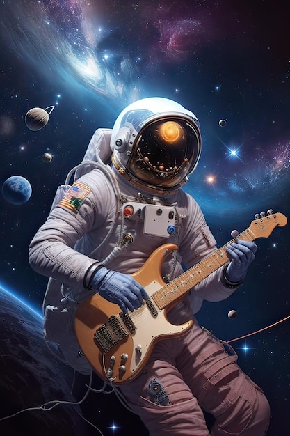 A cosmic astronaut strumming a starstudded electric guitar in the depths of outer space