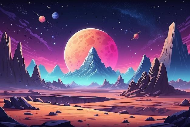 Cosmic background alien planet deserted landscape with mountains rocks deep cleft and stars shine in space