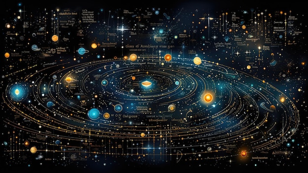 космический фон с изображением созвездий, образованных светящимися словами