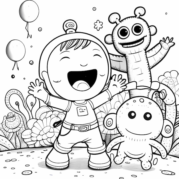 Foto cosmic battle coloring boy astronaut en alien friend tegen tentacled menace
