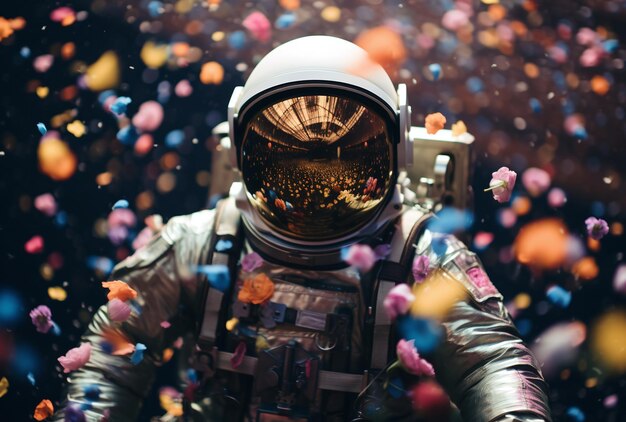 Photo cosmic bloom astronaut amidst a whirlwind of flowers