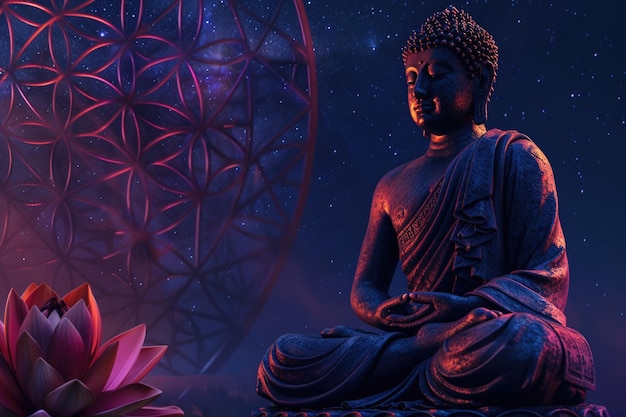 Cosmic Buddha meditating on Flower of Life under starry night