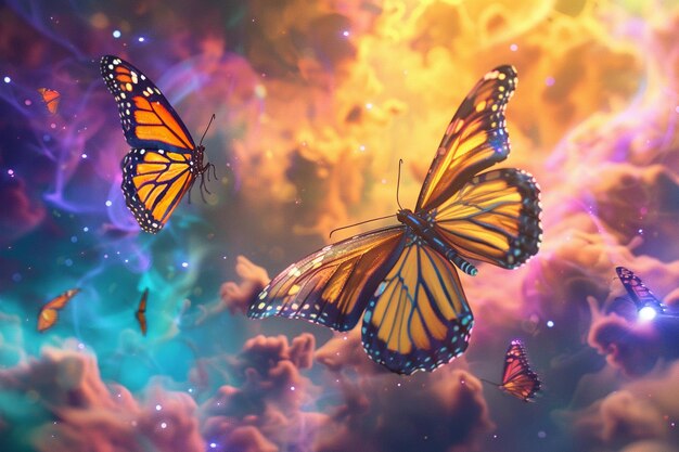 Cosmic butterfly migration through a colorful nebu