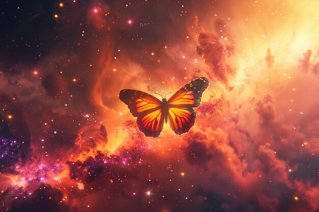 Photo cosmic butterfly migration through a colorful nebu