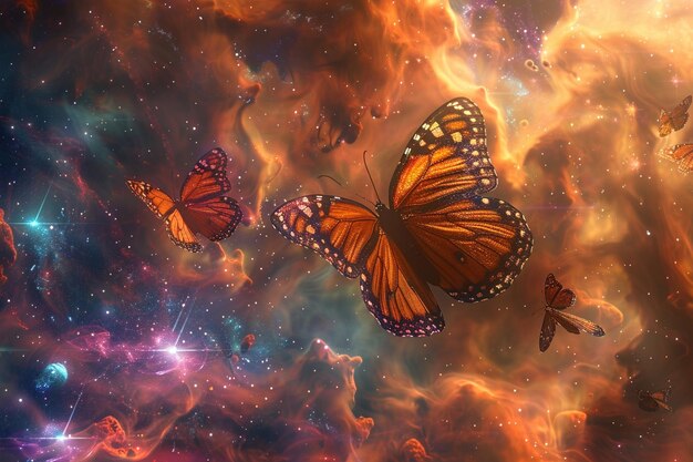 Photo cosmic butterfly migration through a colorful nebu