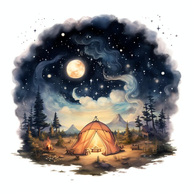 Cosmic Campsite met een Stargazing Bonfire Fantasy Sky Night stargazing waterverf