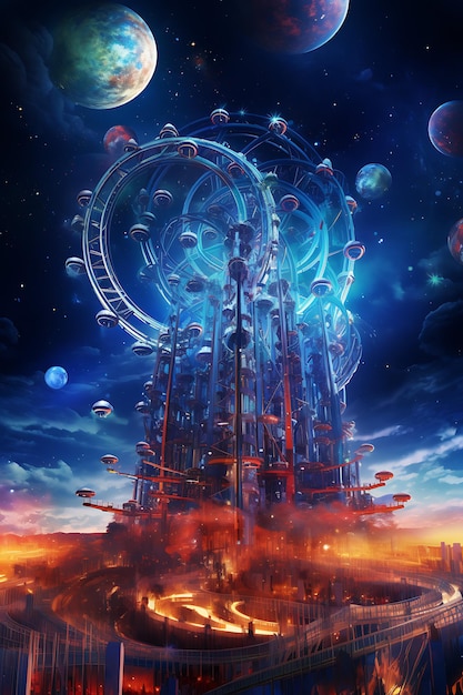 A cosmic carnival with planets as ferris wheels realistic photo