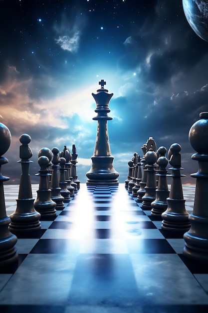 A cosmic chess game with planets as chess pieces realistic photo