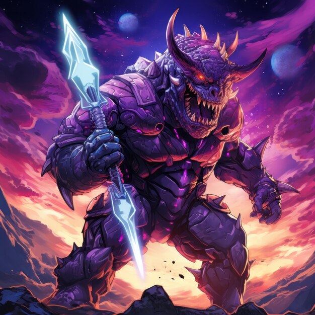 The Cosmic Clash A FourArmed Purple Gladiator Alien Rhino wields the Power of the Cosmos