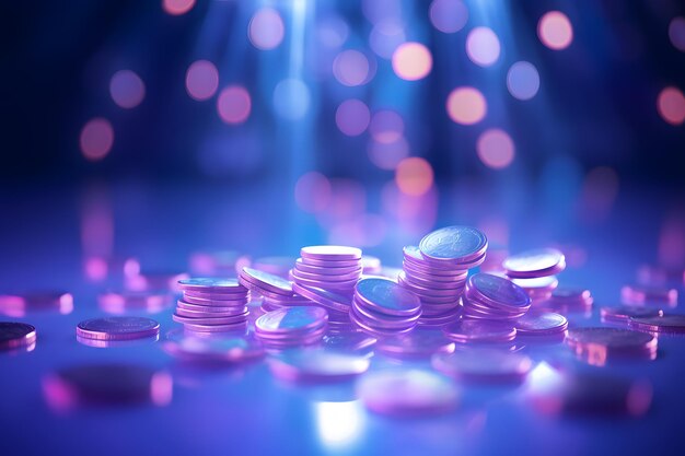 Photo cosmic coins glowing in purple space