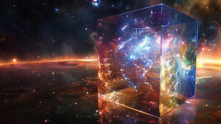 Cosmic cube with swirling galaxies representing the vastness of the universe