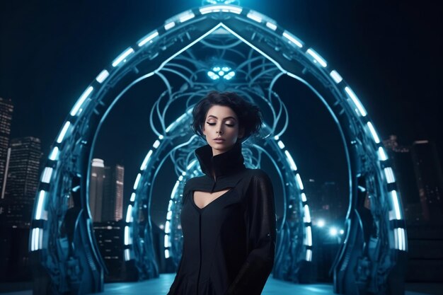 Cosmic dressed woman stands in front of sci fi city gate at night generative ai