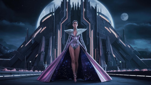 cosmic dressed woman stands in front of sci fi city gate at night generative
