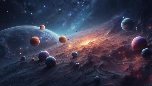 A cosmic dustinspired background with a dreamy and surreal atmosphere blending stars planets