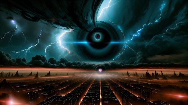 Photo cosmic eldritch techblack hole surrounded by lightning bolts and cloudsdestroyed citygod eye