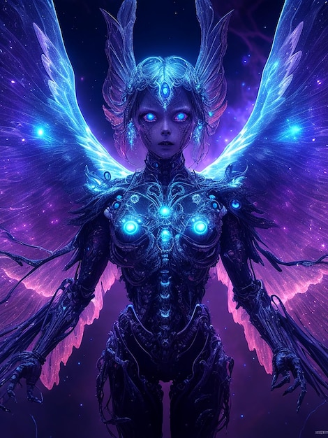 Cosmic fallen angel with glowing eyes