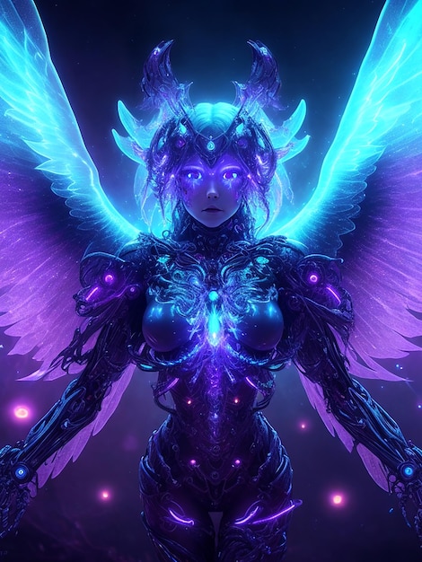 Cosmic fallen angel with glowing eyes