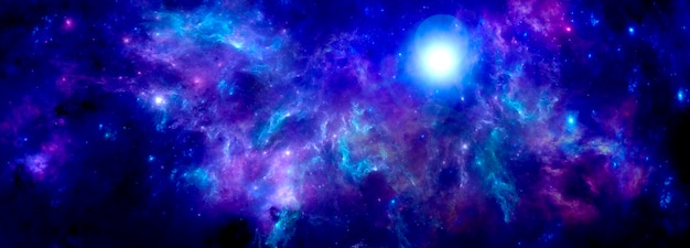 Uno sfondo di fantasia cosmica con una nebulosa viola brillante e il luccichio delle stelle