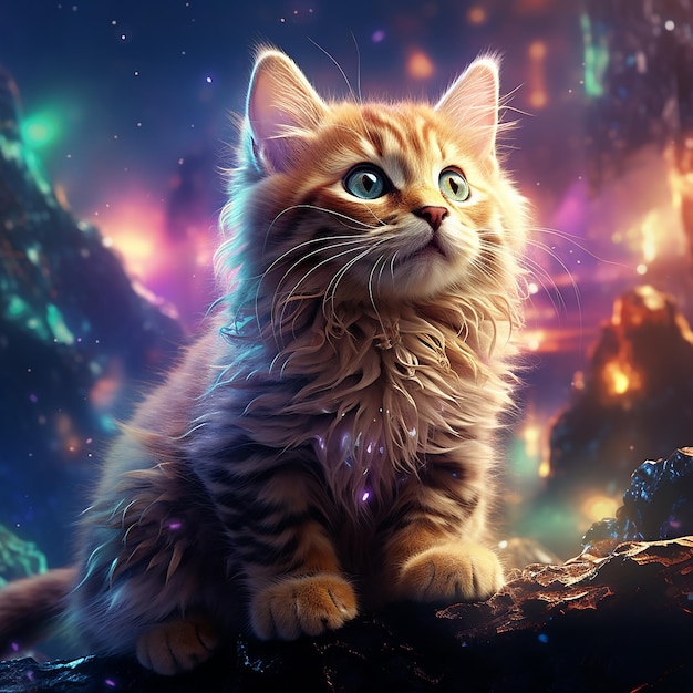 Cosmic Feline Dreams NeonColored Cat in the Vast Universe Big Earth Perspective