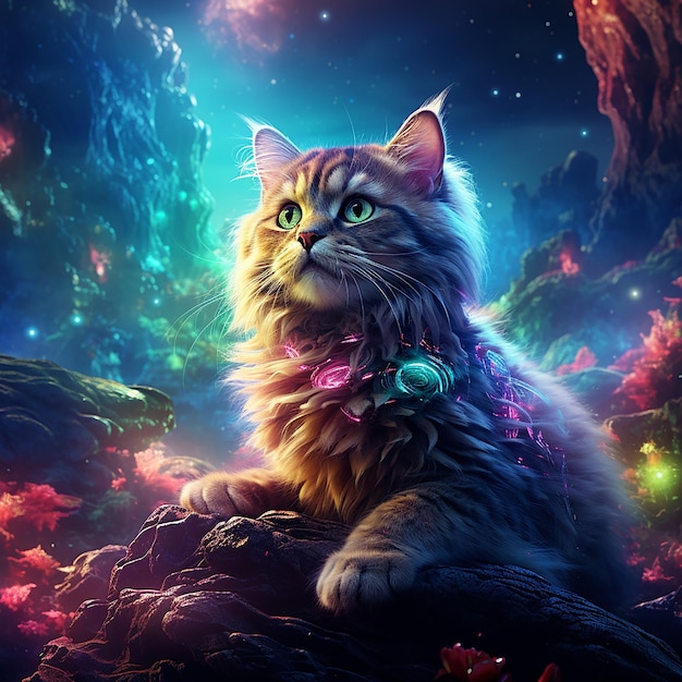 Cosmic Feline Dreams NeonColored Cat in the Vast Universe Big Earth Perspective